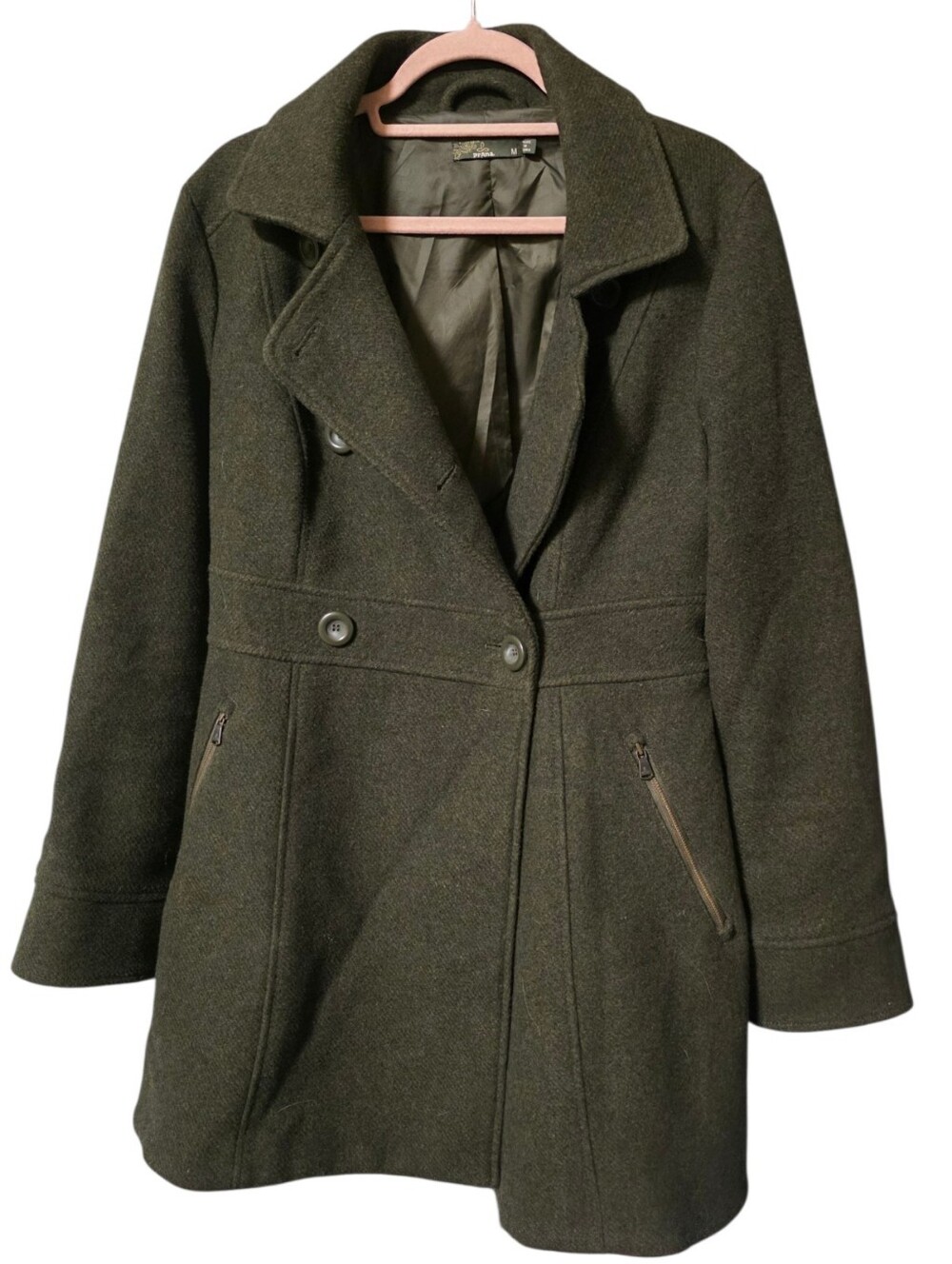 Prana Wool Blend Mid Length Olive Green Coat - Picture 3 of 6